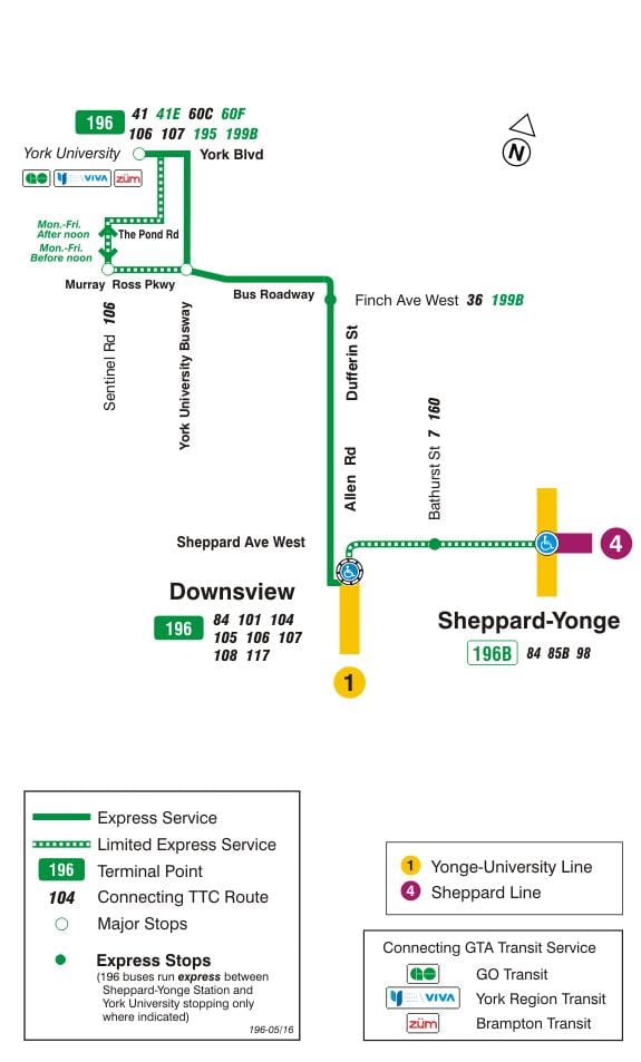 Kart ТТК 196-York universitetinin raket avtobus marşrutu Toronto
