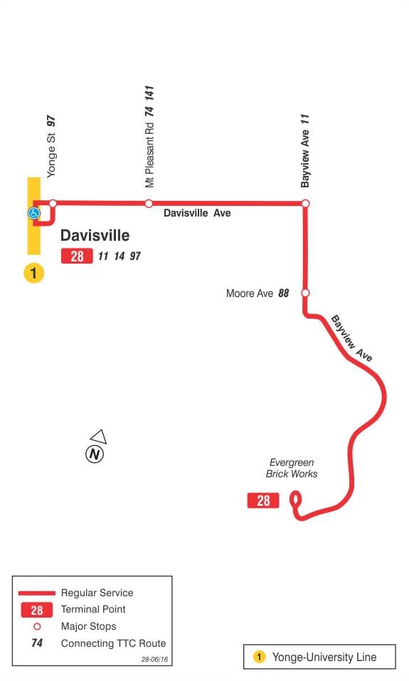 Kart ТТС 28 Бэйвью Cənubi avtobus marşrutu Toronto