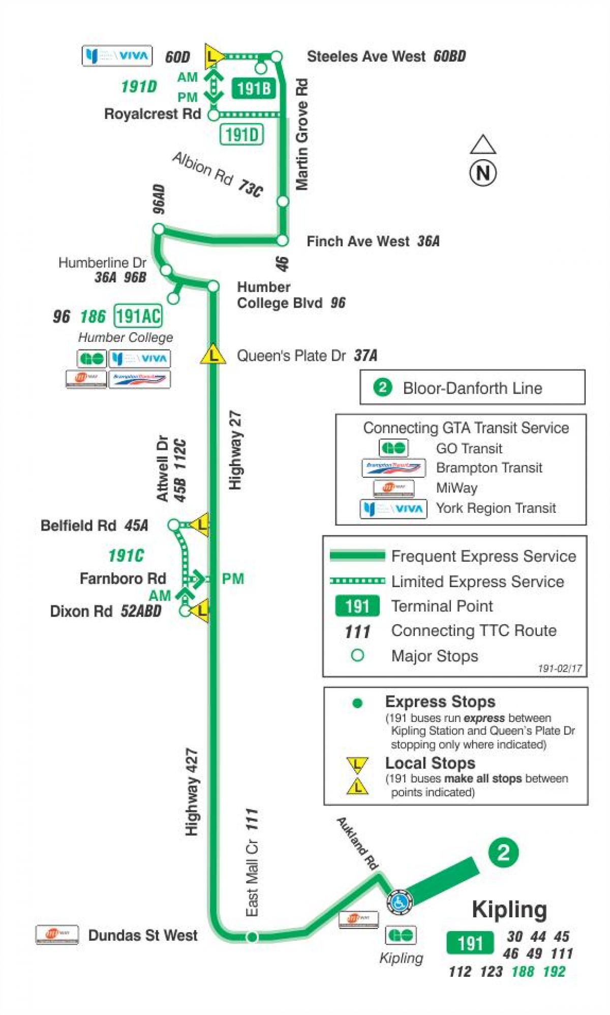Kart ТТК yolunun 191 raket 27 avtobus marşrutu Toronto