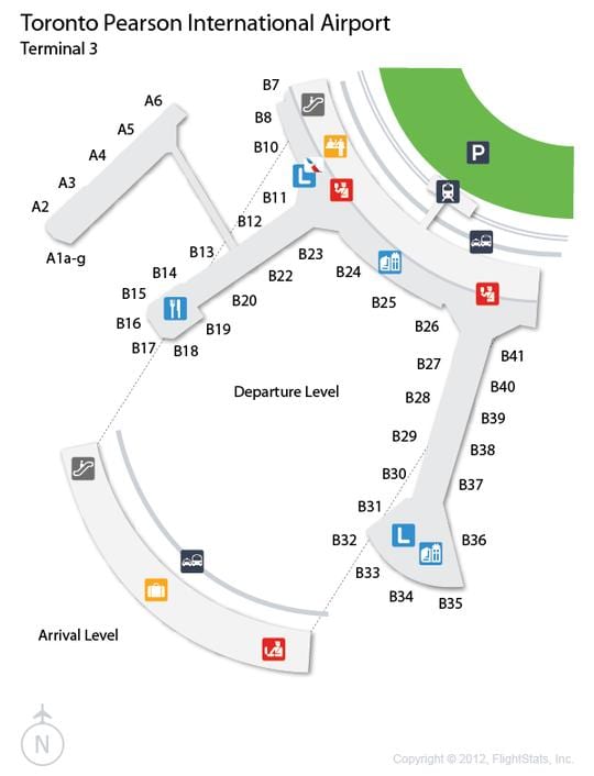 Kart Toronto Pearson terminal hava limanının прилетов, 3