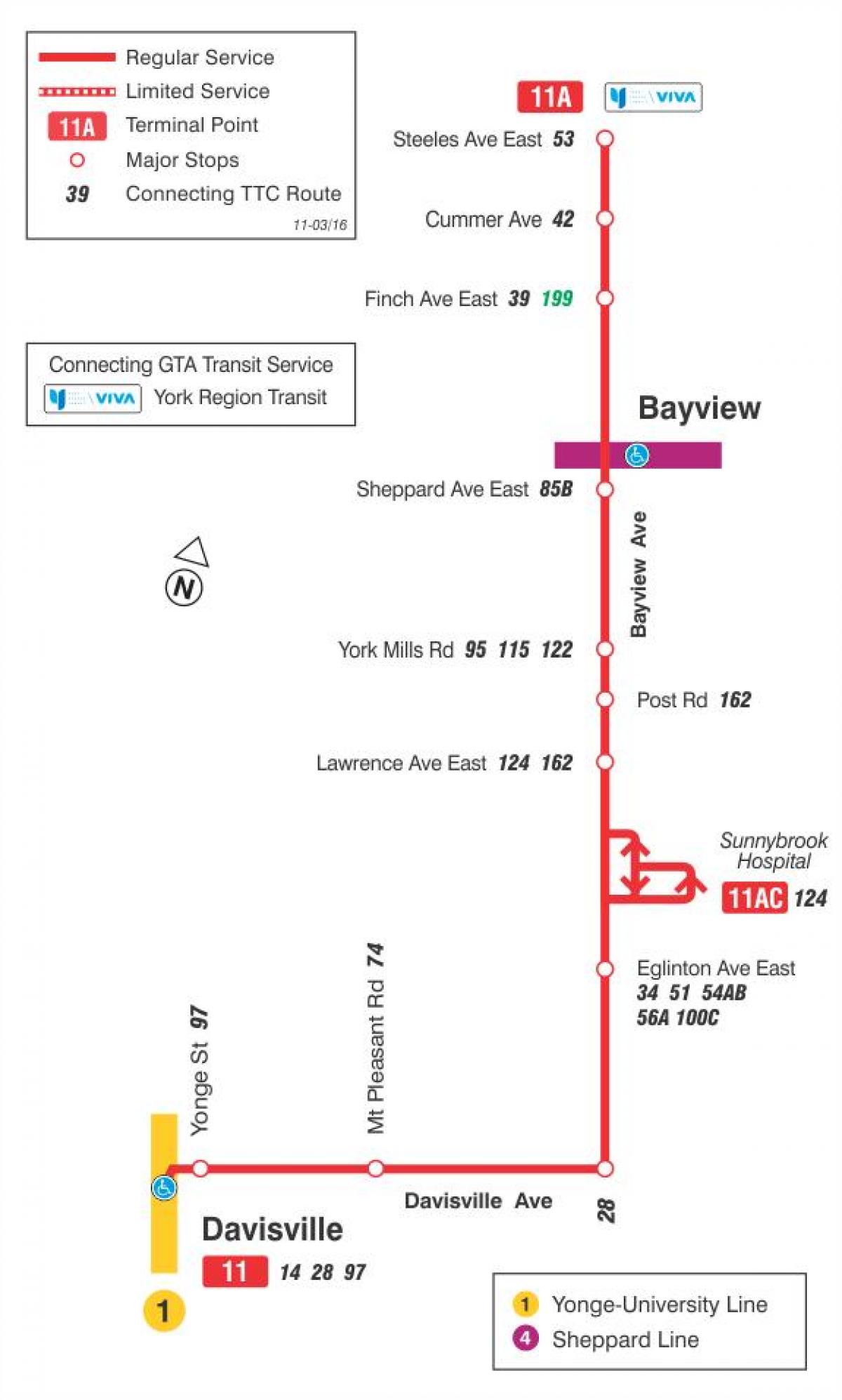 Kart ТТК 11 Бэйвью avtobus marşrutu Toronto