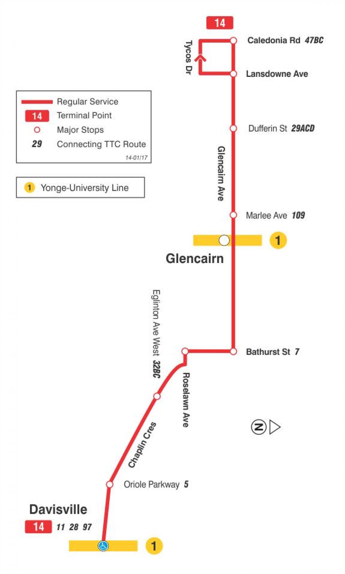 Kart ТТК 14 Гленкейн avtobus marşrutu Toronto