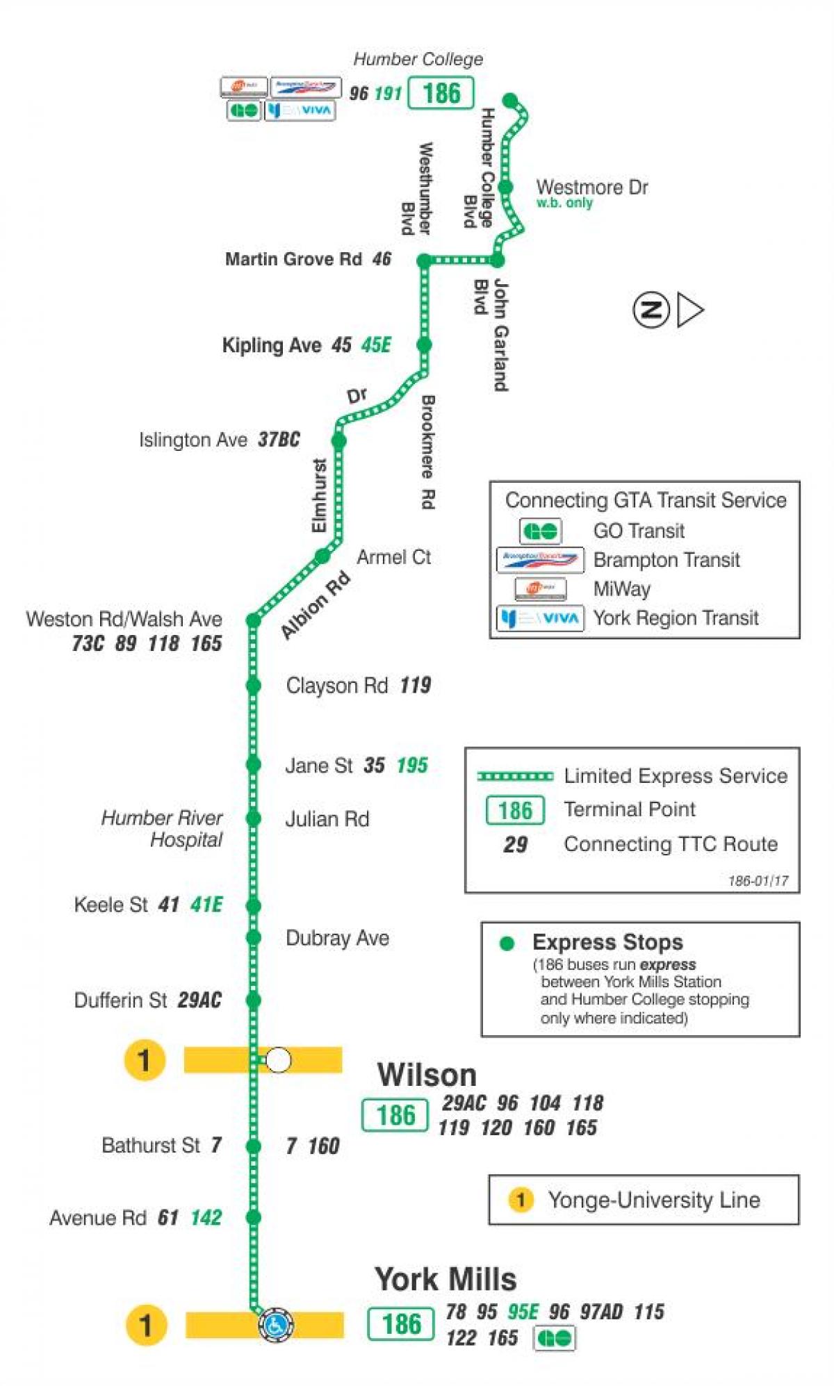 Kart ТТК 186 raket Uilson avtobus marşrutu Toronto