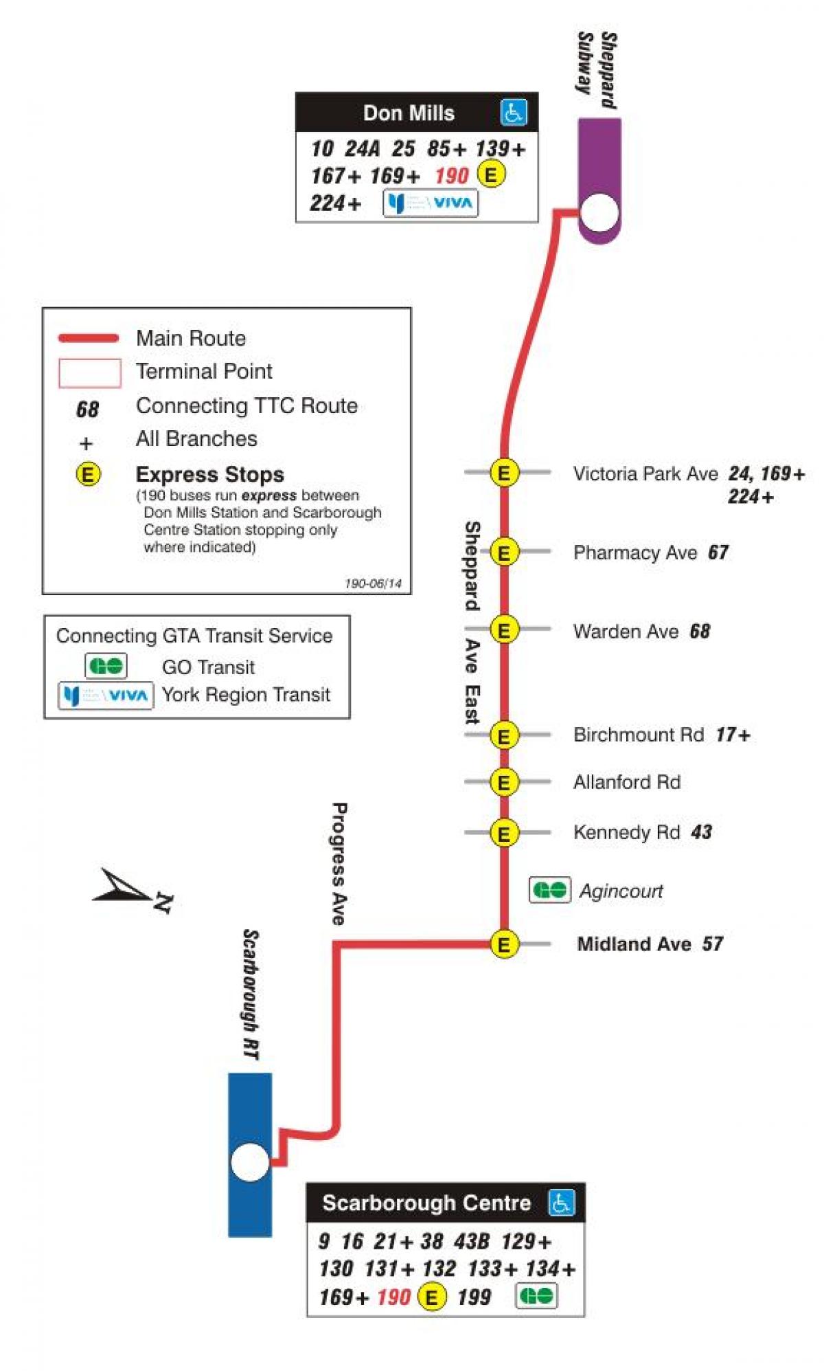 Kart ТТК 190 Скарборо Mərkəzi raket avtobus marşrutu Toronto