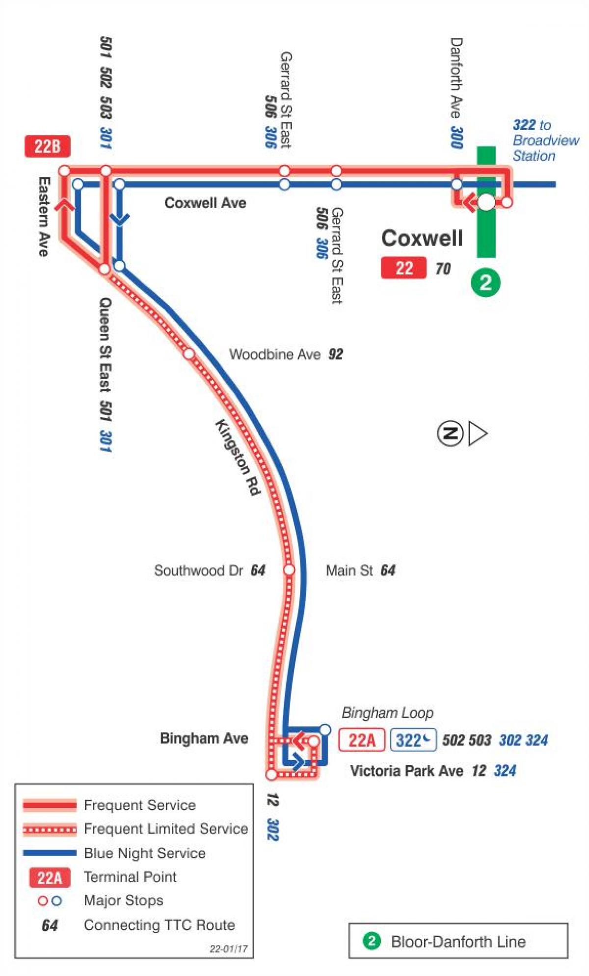 Kart ТТС 22 Коксуэлл avtobus marşrutu Toronto