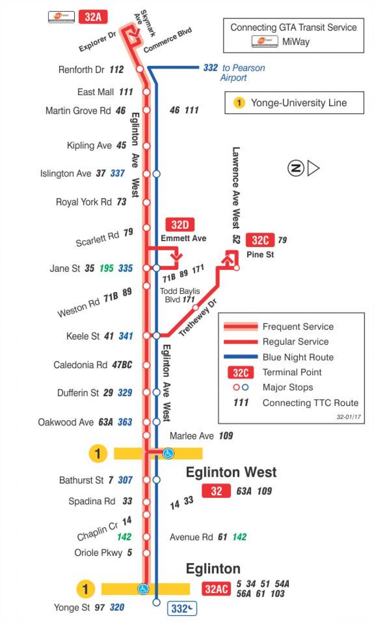 Kart ТТК 32 Эглинтон Uest avtobus marşrutu Toronto