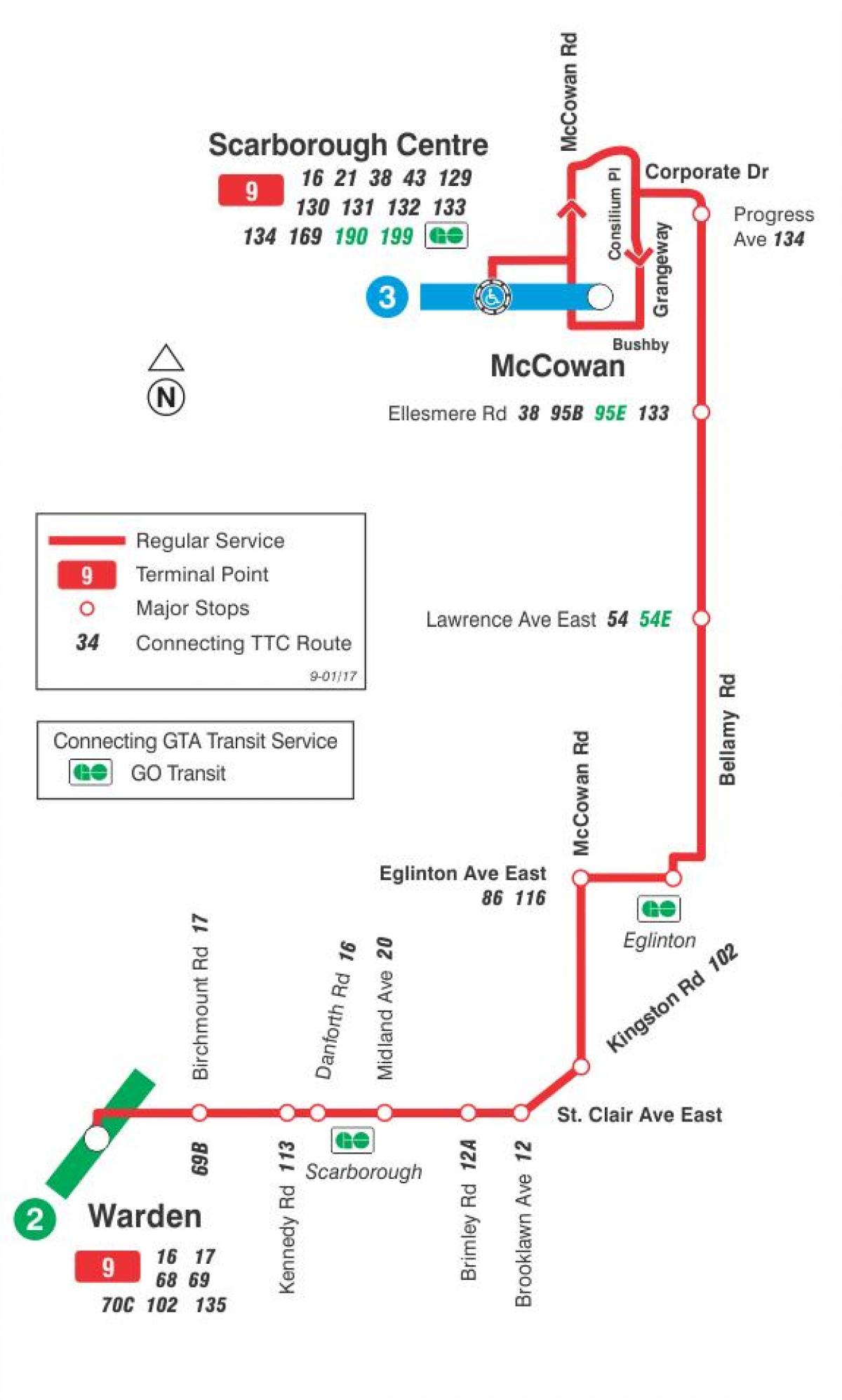 Kart ТТК 9 Беллами avtobus marşrutu Toronto