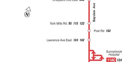 Kart ТТК 11 Бэйвью avtobus marşrutu Toronto