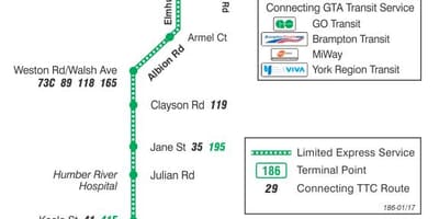 Kart ТТК 186 raket Uilson avtobus marşrutu Toronto