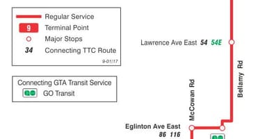 Kart ТТК 9 Беллами avtobus marşrutu Toronto