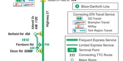 Kart ТТК yolunun 191 raket 27 avtobus marşrutu Toronto